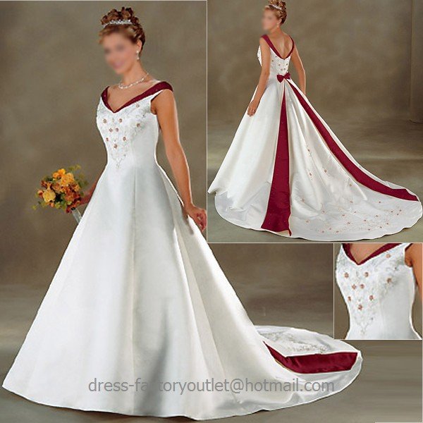 A-line Red White Wedding Dress Embroidery Cap Sleeves V-neck Bridal ...