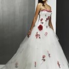 A-line Wine Red Roses White Wedding Dress Embroidery Strapless Bridal Gown Sz4 6 8 10 12 14 +Custom