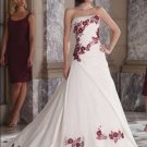 A-line Wine Red Flowers White Wedding Dress Strapless Bridal Gown Sz4 6 8 10 12 14 +Custom