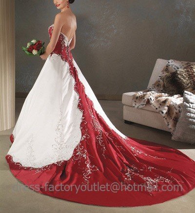 A line Red White Wedding Dress Embroidery Strapless Bridal Gown