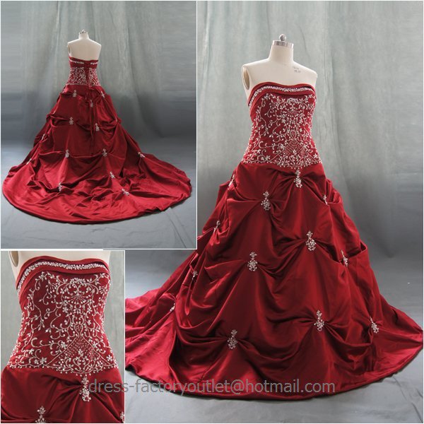 A-line Red Beaed Wedding Dress Embroidery Strapless Bridal Ball Gown ...