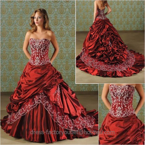 A Line Red Pleated Wedding Dress Embroidery Strapless Bridal Ball Gown Sz4 6 8 10 12 14 Custom 3225