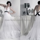 White Ivory Empire Waist Bridal Gown Evening Dress Halter Black Sash Embroidery Wedding Dress