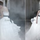 White Ivory Tiered Organza Bridal Gown Bridal Dress Strapless Bodice Wedding Dress Black Sash