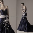 Navy Blue Taffeta  Bridal Dress Black Ball Gown Silver Sash QUINCEANERA DRESS Sz 24 6 8 10+