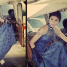 Blue Satin Lace Bridal Evening Dress Choker Neck Prom Dress Party Gown Sz 4 6 8 10 12 14+