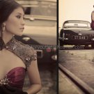 Wine Burgundy Taffeta Bridal Evening Dress Beaded Choker Jacket Prom Dress Gown Sz 4 6 8 10 12 14+