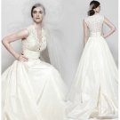 White Lace Bridal Dress A-line Short Sleeves V-neck Wedding Dress Sz 2 4 6 8 10 12 14+Custom