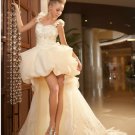 Champagne Organza Lace Wedding Dress A-line Long Bridal Gown Hi-low Bridal Dress
