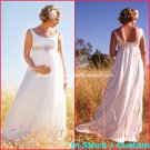 A-line White Satin U-neck Bridal Gown Empire Waist Beaded Pregnant Wedding Dress Sz 6 8 10 12 14+