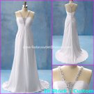A-line White Satin V-neck Bridal Gown Empire Waist Beaded Wedding Dress Sz 6 8 10 12 14+Custom