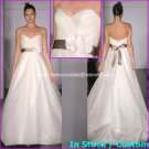 A-line Bridal Ball Gown Strapless Empire Waist White Brown Sash Wedding Dress Sz 4 6 8 10 12+