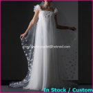 A-line Bridal Dress Cap Sleeves Flowers White Ivory Chiffon Empire Wedding Dress Sz6 8 10 12 14 16+