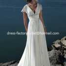 A-line Bridal Dress Short Sleeves V-neck White Chiffon Wedding Dress Sz 4 6 8 10 12 14 16+