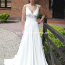 A-line Bridal Dress Jeweled V-neck White Chiffon Backless Empire Wedding Dress Sz 4 6 8 10 12 14+