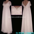 A-line Bridal Dress V-neck  Short Sleeves White Chiffon Jeweled Wedding Dress Sz 4 6 8 10 12 14+