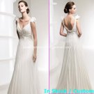 A-line Bridal Dress V-neck White Silk Chiffon Jeweled Empire Wedding Dress Sz 4 6 8 10 12 14+