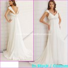 A-line Bridal Dress Cap Sleeves V-neck White Chiffon Beads Wedding Dress Sz 4 6 8 10 12 14+