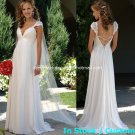 A-line Bridal Dress Cap Sleeves V-neck White Chiffon Empire Wedding Dress Sz 4 6 8 10 12 14+