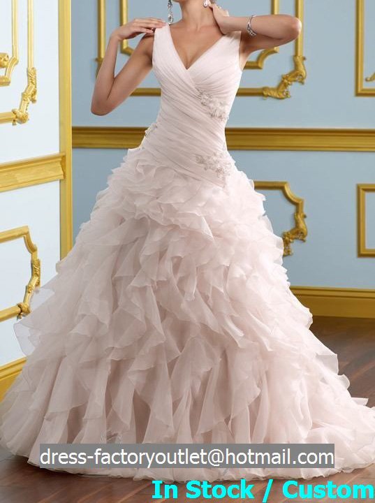 Ivory White Bridal Gown V-neck Pink Organza Wedding Dress A-ine Bridal ...