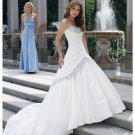 A-line White Taffeta Ball Gown Strapless Wedding Dress Blue Embroidery Bridal Gown Sz4 6 8 10 12 14+