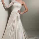 A-line Ivory SATIN Ball Gown One Shoulder Lace Sleeve Wedding Dress Bridal Gown Sz4 6 8 10 12 14+