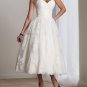 A-line White Lace Evening Gown Strapless Short Wedding Dress Tea Length Bridal Gown Sz4 6 8 10 12+