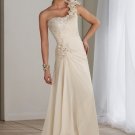A-line Champagne Chiffon Prom Gown One Shoulder Lace Flower Bridal Wedding Dress Sz4 6 8 10 12 14+