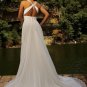 A-line Bridal Dress Halter Sheer Straps White Chiffon Jeweled Royal Wedding Dress Sz 4 6 8 10 12 14+