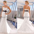 White Bridal Wedding Gown Black Flowers Sash Strapless Memaid Bridal Wedding Dress Sz4 6 8 10 12 14+