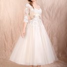 A-line Champagne Black Lace Bridal Evening Dress 3/4 Sleeve Tea Length Wedding Gown Sz4 6 8 10 12+