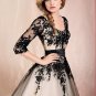 A-line Champagne Black Lace Bridal Evening Dress 3/4 Sleeve Tea Length Wedding Gown Sz4 6 8 10 12+