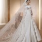 A-line White Korea Satin Lace Train 3/4 Sleeve Wedding Dress Bridal Ball Gown Sz4 6 8 10 12+