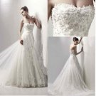 A-line Strapless Ivory Alencon Lace Wedding Gown Long Train Bridal Dress Sz4 6 8 10 12 14+Custom
