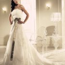 Princess Strapless Ivory Alencon Lace Wedding Gown Green SASH Bridal Dress Sz4 6 8 10 12 14+Custom