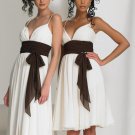 Thin Straps Short Bridesmaid Dress Ivory Chiffon Brown Sash Cocktail Dress Sz4 6 8 10 12+