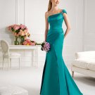 One Shoulder Long Bridesmaid Dress Teal Blue Satin Mermaid Evening Dress Sz4 6 8 10 12+