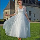 Mid Sleeve White Lace Bridal Wedding Dress V-neck Tea Length Evening Prom Gown Sz4 6 8 10 12 14+