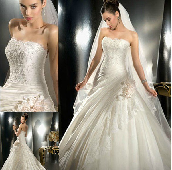 Classy Strapless Lace Flowers Feathers Ball Gown,White A Line Prom Wedding Dress Y8597