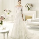 Classy Strapless Lace Flowers Feathers Ball Gown,White A Line Prom Wedding Dress Y8597