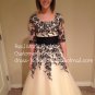 A-line Champagne Black Lace Bridal Evening Dress 3/4 Sleeve Tea Length Wedding Gown Sz4 6 8 10 12+