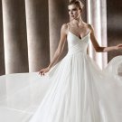 A-line White Chiffon Wedding Dress Thin Straps Bridal Evening Prom Dress Sz6 8 10 12 14+Custom