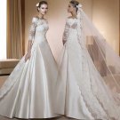 A-line White Korea Satin Lace Train 3/4 Sleeve Wedding Dress Bridal Ball Gown Sz4 6 8 10 12+