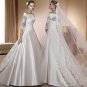 A-line White Korea Satin Lace Train 3/4 Sleeve Wedding Dress Bridal Ball Gown Sz4 6 8 10 12+
