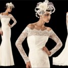 Off Shoulder Custom Ivory White Lace Chiffon Wedding Dress Long Sleeves