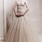 A-line Nude Cream Tulle Lace Wedding Dress Cap Sleeves Bridal Dress Quinceanera Ball Gown Sz 2-14+