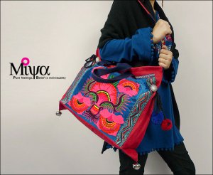 Miya LS-05 "Blue Lotus" Hmong Embroidery Sequins Canvas Tote Shoulder Messenger Bag Handbag