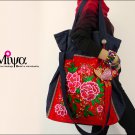 Miya LS-03 "Pink Begonia" Hmong Embroidery Sequins Denim Tote Shoulder Messenger Bag Handbag