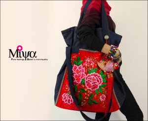 Miya LS-03 "Pink Begonia" Hmong Embroidery Sequins Denim Tote Shoulder Messenger Bag Handbag