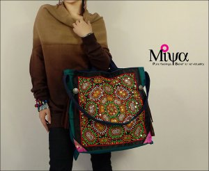 Miya LS-02 "Kaleidoscope" Boho Hmong Embroidered Jacquard Canvas Shoulder Tote Womem Handbag